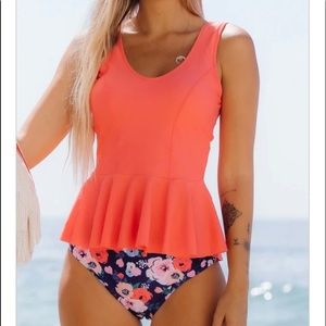 🆕Small Coral Peplum Tankini with Floral Swim Bottoms